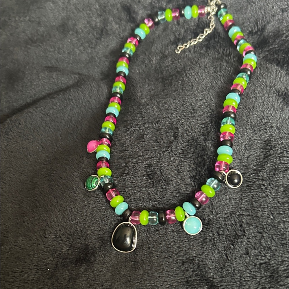 Colorful Beaded Charm Necklace in Pink, Green & Blue